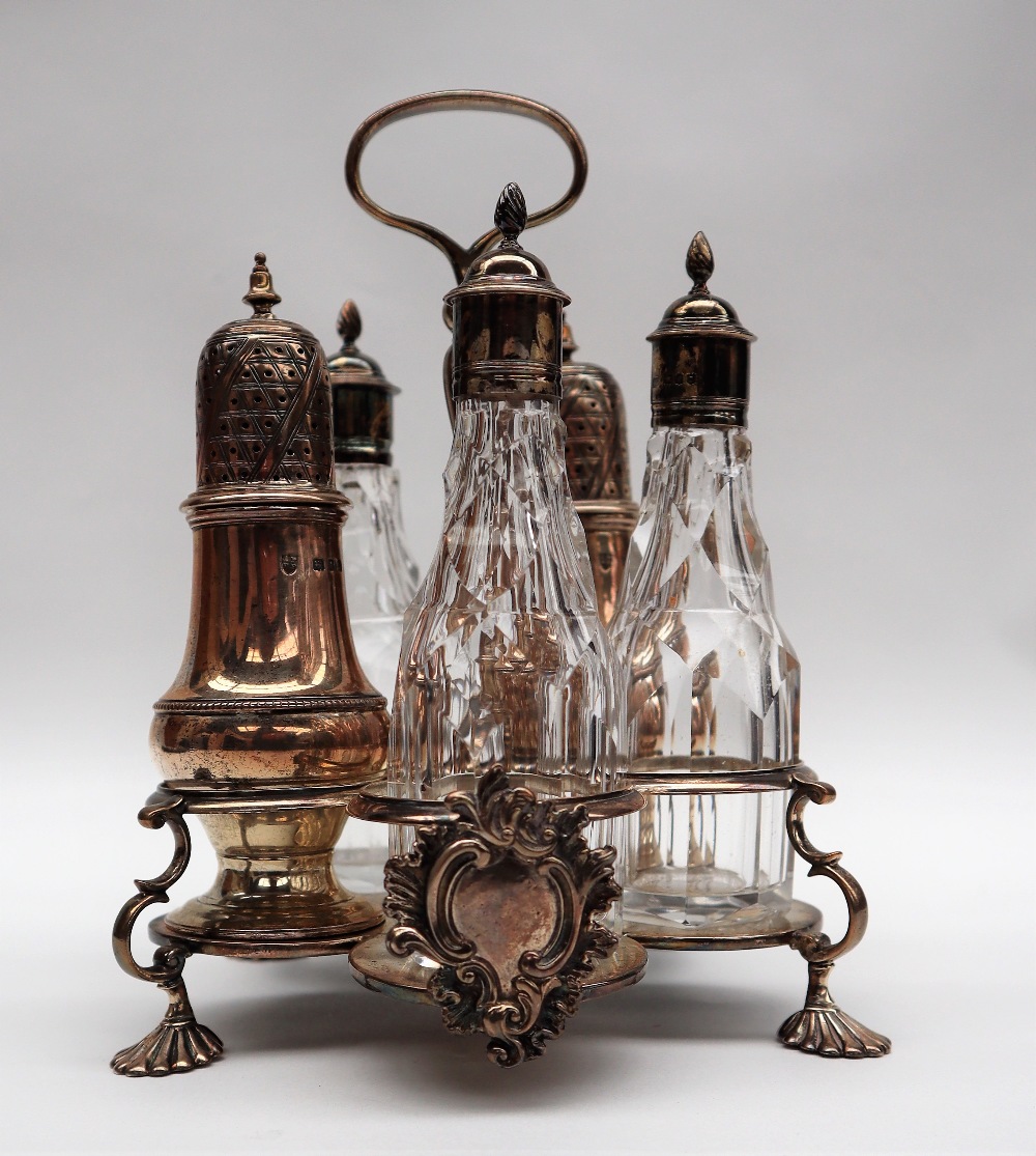 A George V silver married cruet, with five bottles, various dates, - Image 2 of 5