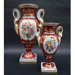 A Le Tallec Paris porcelain twin swan handled vase painted with garden flowers to a red ground with