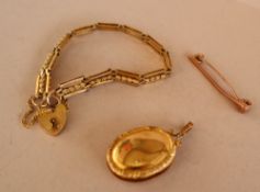 A 9ct yellow gold bracelet, locket, and bar brooch,