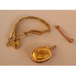 A 9ct yellow gold bracelet, locket, and bar brooch,