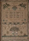 An early 19th century sampler depicting Adam and Eve within a floral entwined border "Frances