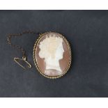 A 9ct gold shell cameo brooch, depicting a maiden with a pearl necklace in profile, 35mm high,