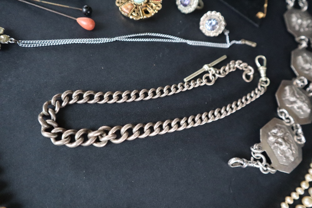 A silver Albert watch chain together with assorted costume jewellery including brooches, - Image 3 of 5