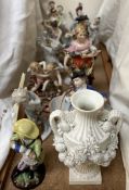 A Derby Parian twin handled vase together with a collection of 19th century porcelain figures etc