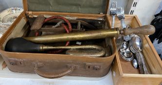 A brass car horn together with a brass pump,