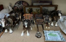 Pottery shire horses and carts together with decorative framed prints,