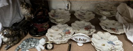 A Limoges porcelain dessert set decorated with birds and flowers together with Mike Hinton pottery