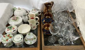 Drinking glasses together with a copper lustre jug, copper lustre tea cups and saucers,