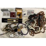 Assorted costume jewellery including beaded necklaces, wristwatch,