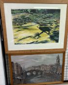 Adrian Paul Metcalfe A river scene with mossy rocks Watercolour Gallery label verso Together with