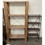 A pine shelf unit together with a metal framed shelving unit