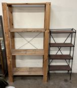 A pine shelf unit together with a metal framed shelving unit
