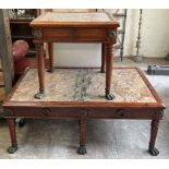 A modern marble topped coffee table of rectangular form with a pair of drawers on ring turned legs