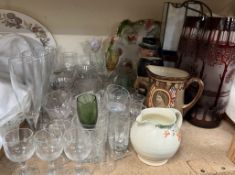 A pair of ruby flash glass vases decorated with landscape scenes together with Royal Doulton