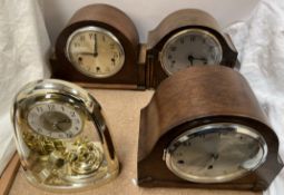 An anniversary clock together with three oak cased mantle clocks