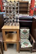 A pair of modern oak bedside tables together with a wine rack and a child's chair