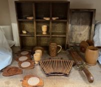 An oak display stand together with cheese knives, coasters,