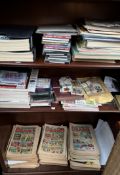 A collection of Beano comics, cigarette cards, mobile phone, magazines,