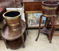 A coopered bucket together with a coopered jardiniere stand,