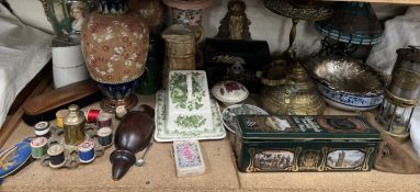 A pair of Doulton Slaters patent vases together with a Tiffany style lamp, miners lamp, flatwares,