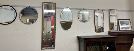 A rectangular gilt framed wall mirror together with six other mirrors and a print of the Durham Ox