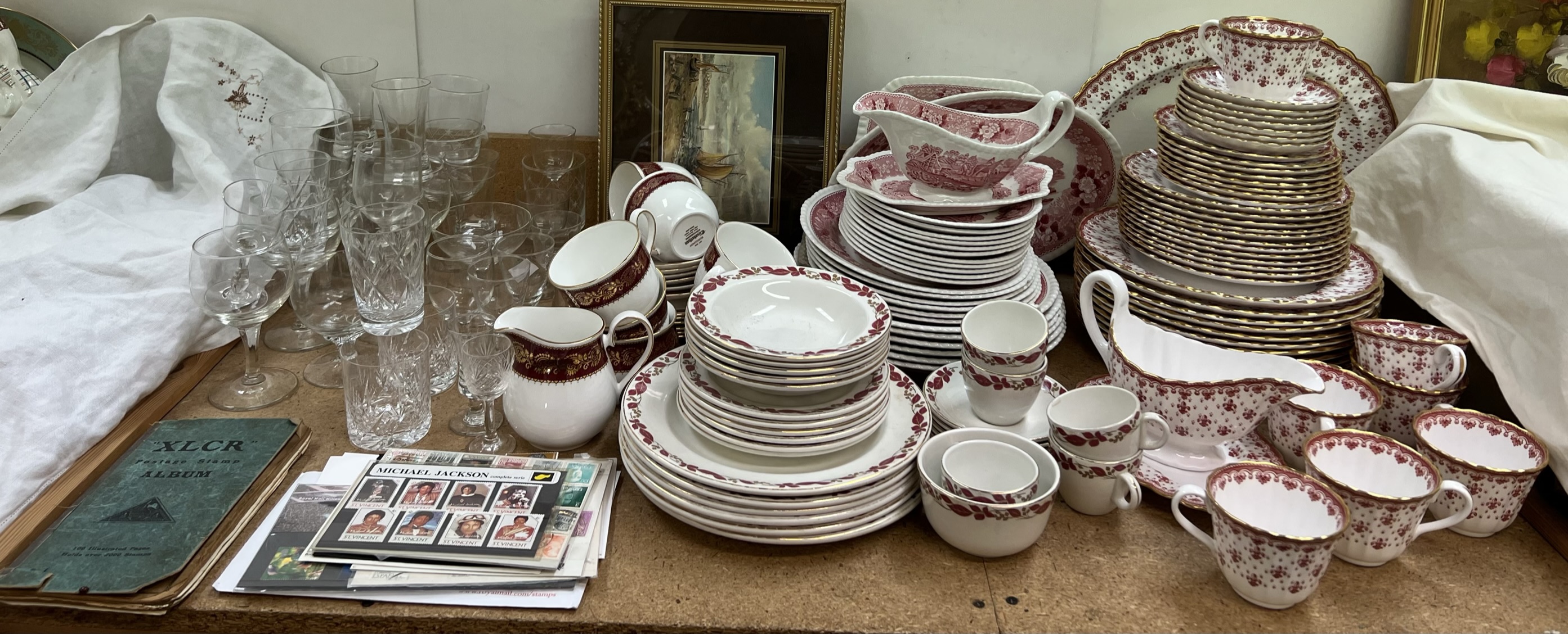 A Spode red Fleur de lys pattern part tea and dinner service together with an Adams pottery part