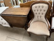 An oak gateleg dining table together with a Victorian style spoon back chair and three dining