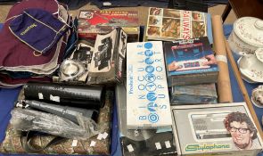 A boxed Stylophone together with other toys, spotting scopes,