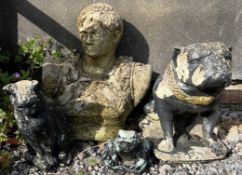A reconstituted stone bust of a Roman Emperor together with a bulldog,