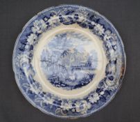 A Dillwyn "Cows crossing river" pattern blue and white plate together with Swansea Woodbine pattern