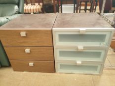 A pair of modern bedroom chests together with a chrome shelf unit ***TO BE RE-OFFERED IN A FUTURE