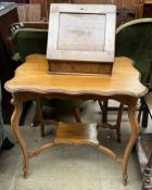 An oak desk top letter rack together with a mahogany occasional table