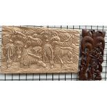 A Mikuz A carved panel of Zebra Signed Together with an African carving of figures and a tree