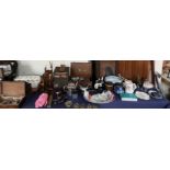 An electroplated part tea set, together with jugs, plates, glasswares, treen animals, pen knives,