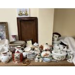 Coalport jugs together with part tea sets, treen trays,