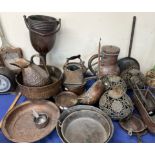 A set of three brass ball lights together with copper saucepans,