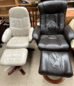 A cream leather swivel chair and footstool,