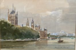 Denis Hanceri Parliament from Lambeth Bridge Watercolour Signed Betty Williams gallery label