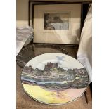 A Royal Doulton plate of a castle together with an electroplated tray and framed book plates