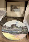 A Royal Doulton plate of a castle together with an electroplated tray and framed book plates