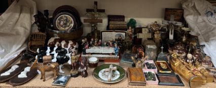 A Doulton Lambeth stoneware harvest pattern part tea set, together with other tea pots, crucifixes,