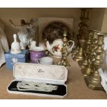 A Royal Doulton collectors plate together with brass candlesticks, Wedgwood,