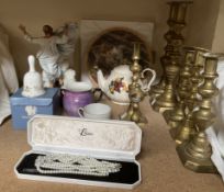 A Royal Doulton collectors plate together with brass candlesticks, Wedgwood,