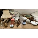 Crystal champagne glasses together with a Royal Adderley part tea set, table lamp,