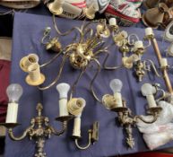 Brass chandeliers together with brass wall lights ***PLEASE NOTE THAT THIS LOT WILL BE DISPOSED OF