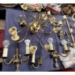 Brass chandeliers together with brass wall lights ***PLEASE NOTE THAT THIS LOT WILL BE DISPOSED OF