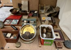 A collection of coins together with miniature books, whist markers,