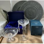 A pair of Pewter chargers together with a Bohemian crystal table lustre and a Royal Doulton crystal