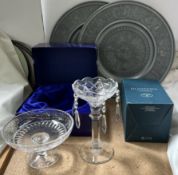 A pair of Pewter chargers together with a Bohemian crystal table lustre and a Royal Doulton crystal