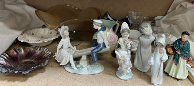 Lladro figures together with a Nao figure, Royal Doulton figure, champagne glasses,